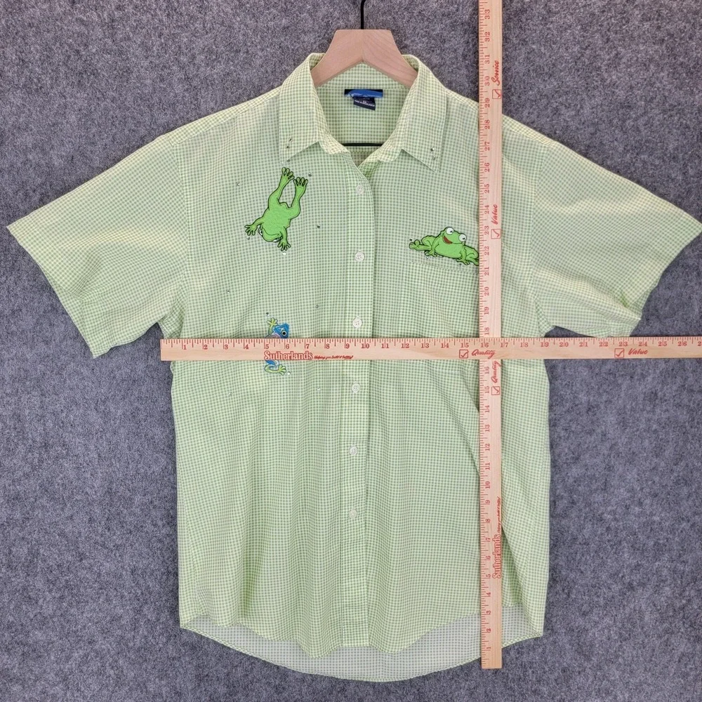 Las Olas Shirt Womens M Green Gingham Embroidered Frog Button Up Short Sleeve - Picture 9 of 12